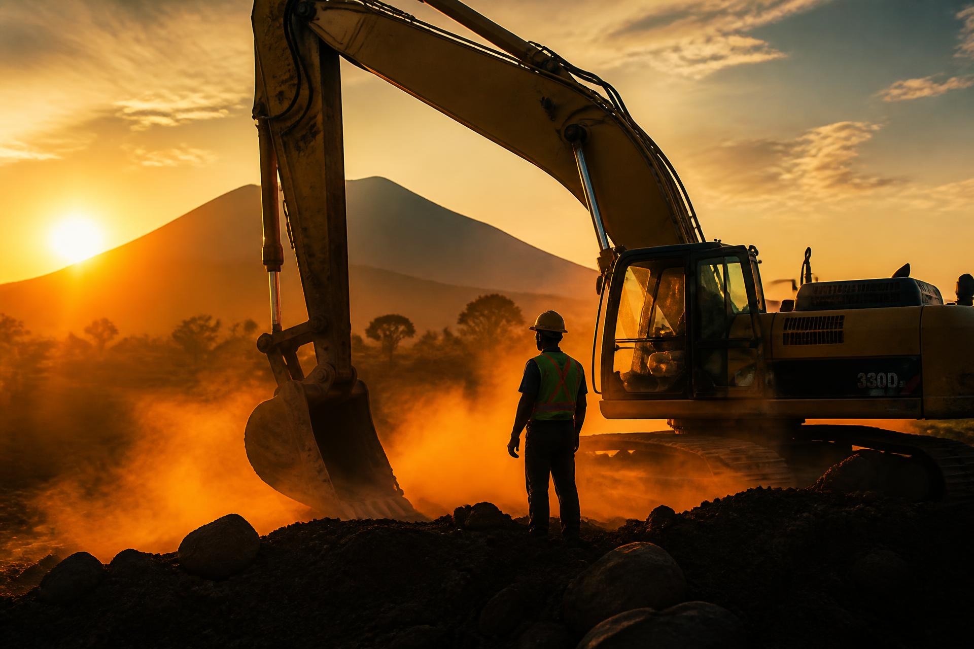 Operador de maquinaria pesada junto a una excavadora al atardecer en El Salvador